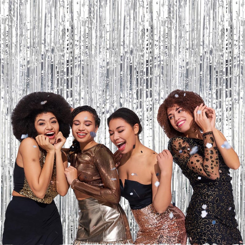 YESON Silver Foil Fringe Curtains Metallic Tinsel Shimmer Curtain Party Backdrop Decorations,Pack of 4 - Image 3